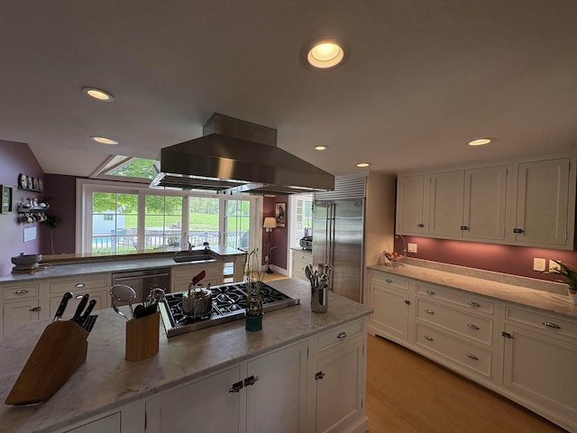 28-28A Ridge Rd, Hollis, NH 03049 - kitchen featuring stainless steel built in refrigerator, island exhaust hood, gas cooktop, dishwashing machine, and recessed lighting