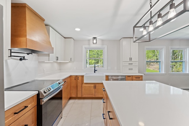 41 Elk Dr, Bedford, NH 03110 - kitchen with electric stove, custom exhaust hood, stainless steel dishwasher, a sink, and light countertops