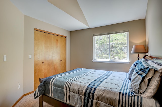 bedroom featuring carpet, lofted ceiling, baseboards, and a closet