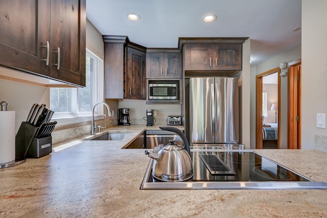 kitchen featuring a sink, appliances with stainless steel finishes, dark brown cabinetry, and recessed lighting