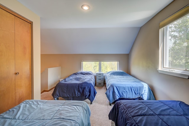 bedroom with carpet floors, vaulted ceiling, and recessed lighting