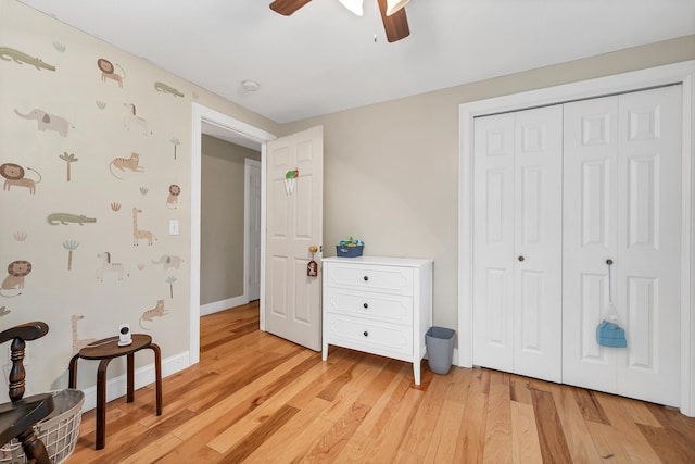268 Lesmerises Rd, Loudon, NH 03307 - bedroom featuring light wood-type flooring, a closet, a ceiling fan, and baseboards