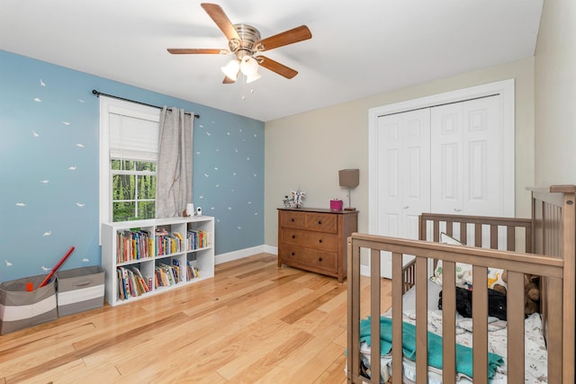 268 Lesmerises Rd, Loudon, NH 03307 - bedroom featuring wood finished floors, a closet, baseboards, and ceiling fan