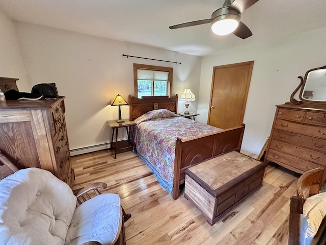 bedroom featuring light wood-style flooring, a baseboard radiator, and ceiling fan