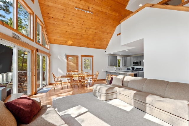 living area featuring high vaulted ceiling, wood ceiling, light wood-style floors, healthy amount of natural light, and recessed lighting