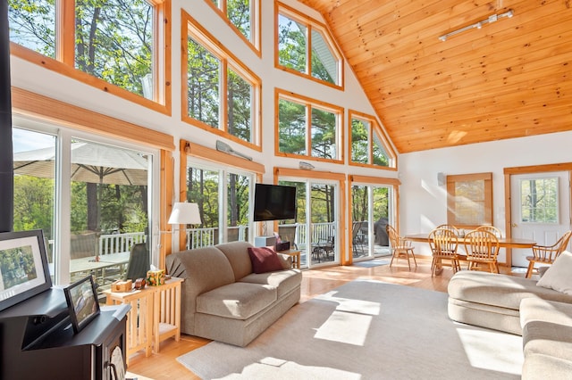 living area with high vaulted ceiling, wood ceiling, and wood finished floors