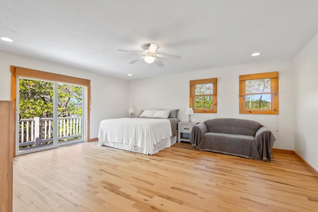 bedroom featuring light wood-style floors, access to outside, baseboards, recessed lighting, and ceiling fan