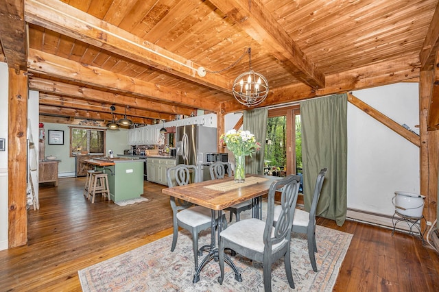 dining space featuring wooden ceiling, a chandelier, beamed ceiling, dark wood-style flooring, and baseboards