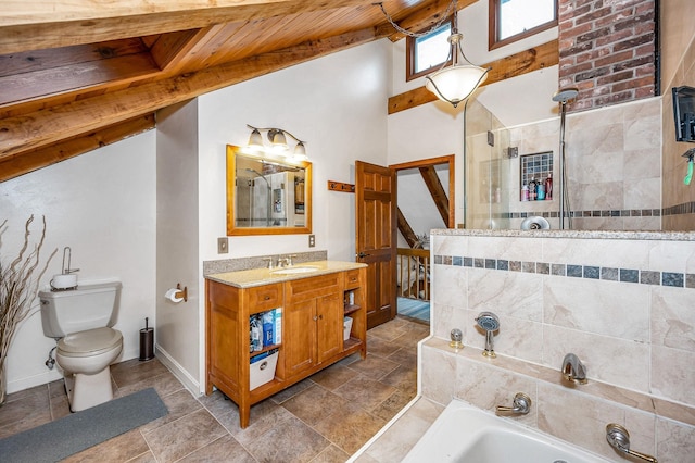 full bath with wood ceiling, a tile shower, a bath, toilet, and vanity