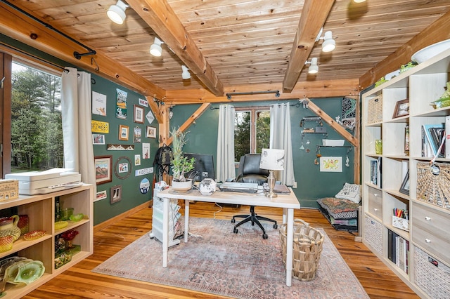home office featuring wood finished floors, healthy amount of natural light, wood ceiling, baseboards, and beamed ceiling