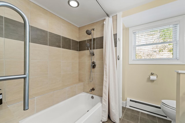 1385 Front St, Manchester, NH 03102 - full bathroom with a baseboard radiator, shower / tub combo with curtain, toilet, tile patterned flooring, and recessed lighting