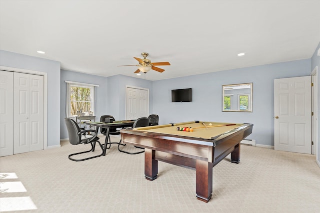 1385 Front St, Manchester, NH 03102 - recreation room featuring light colored carpet, ceiling fan, a baseboard radiator, baseboards, and billiards table