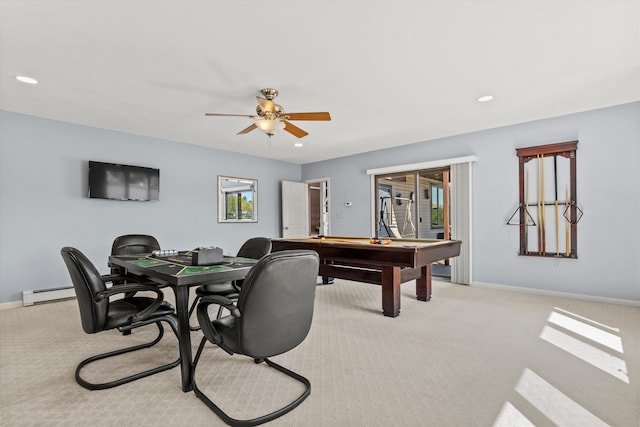 1385 Front St, Manchester, NH 03102 - rec room with carpet flooring, a baseboard heating unit, baseboards, ceiling fan, and recessed lighting