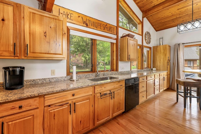 kitchen with black dishwasher, a sink, wooden ceiling, light wood-type flooring, and light stone counters