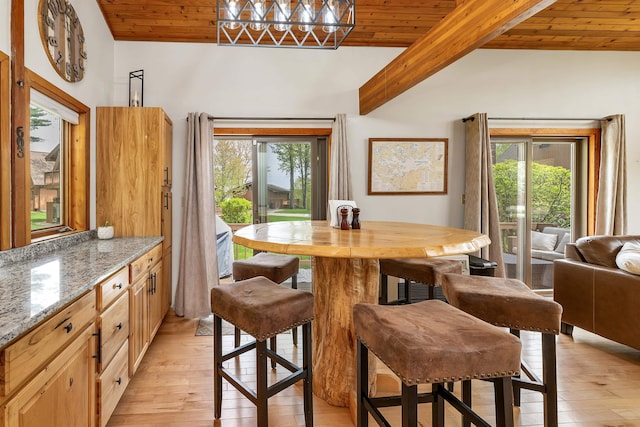 dining space featuring wooden ceiling and light wood-style floors