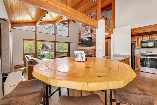 dining area featuring high vaulted ceiling, beam ceiling, light wood-type flooring, wooden ceiling, and baseboard heating