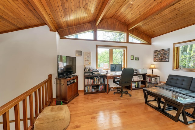 office area featuring light wood-style floors and wood ceiling