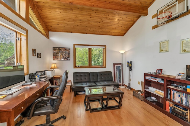 home office with wood ceiling and light wood-style flooring