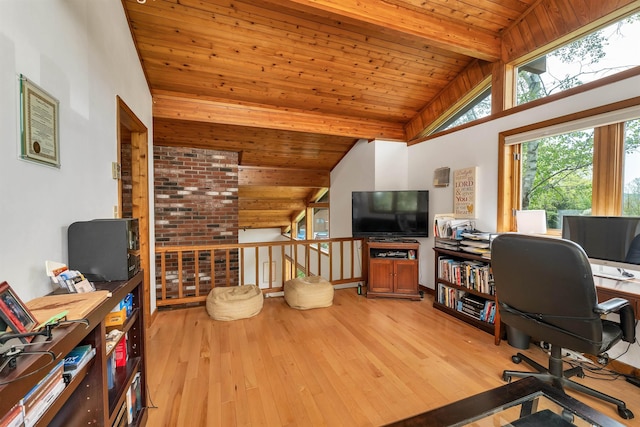 office area featuring wood ceiling and light wood-style flooring