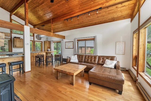 living area featuring rail lighting, a baseboard radiator, plenty of natural light, wooden ceiling, and light wood finished floors