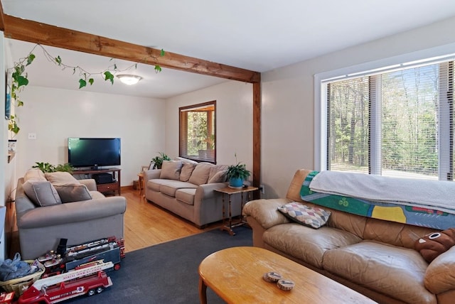 living room with healthy amount of natural light, beam ceiling, and wood finished floors