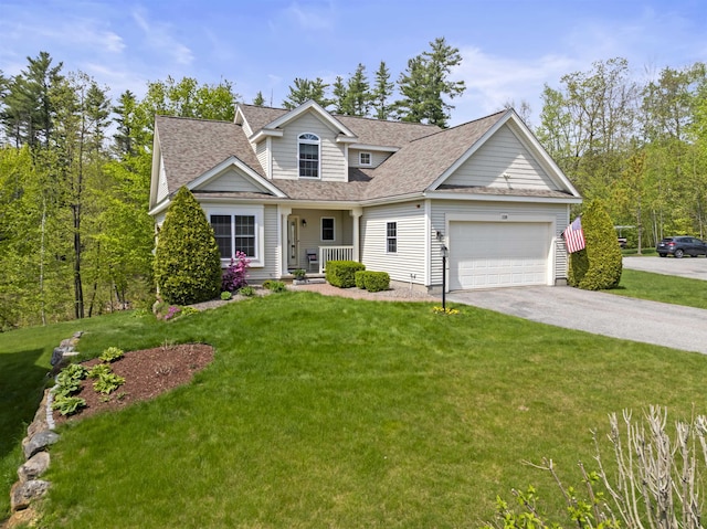 traditional-style home featuring driveway, an attached garage, covered porch, a shingled roof, and a front lawn