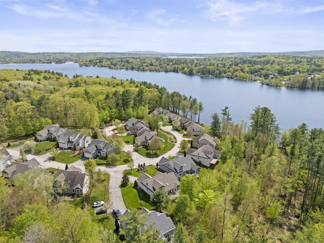aerial view of property's location featuring a forest, nearby suburban area, and a nearby body of water