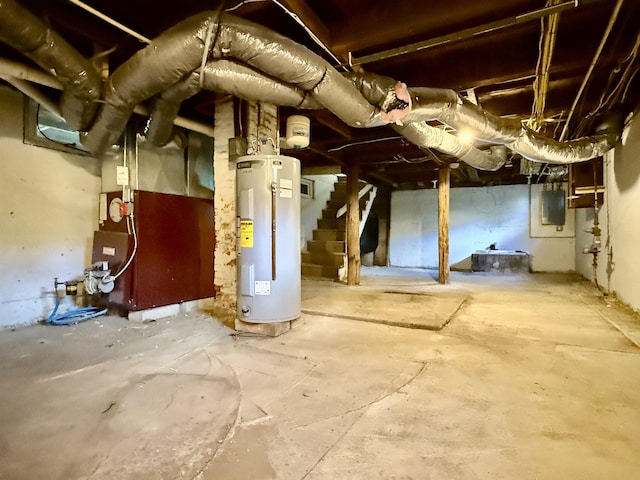 516 Hall St, Bow, NH 03304 - unfinished basement featuring water heater, electric panel, stairs, and heating unit