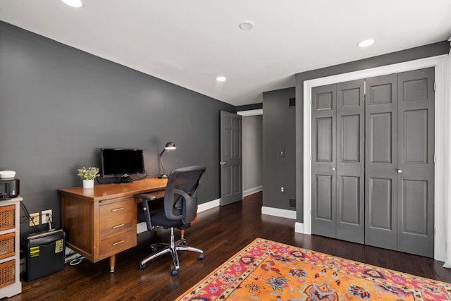 office with dark wood finished floors, baseboards, and recessed lighting
