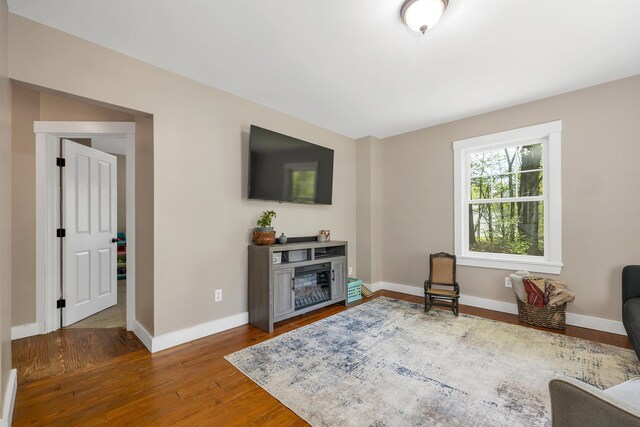 living room featuring hardwood / wood-style floors and baseboards