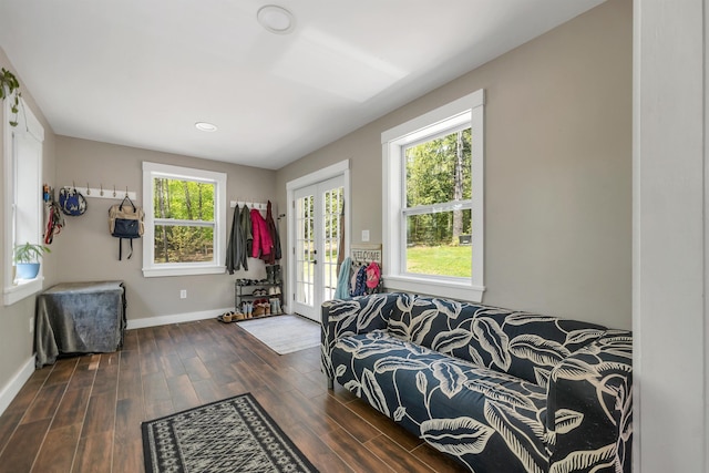 sitting room with french doors, wood finished floors, baseboards, and recessed lighting