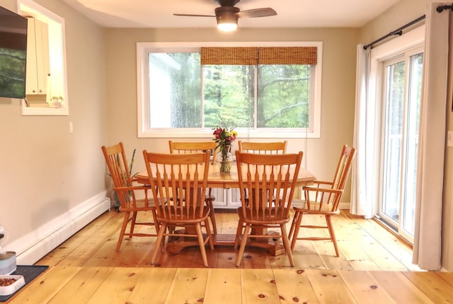 dining area featuring plenty of natural light, light wood-style flooring, and ceiling fan