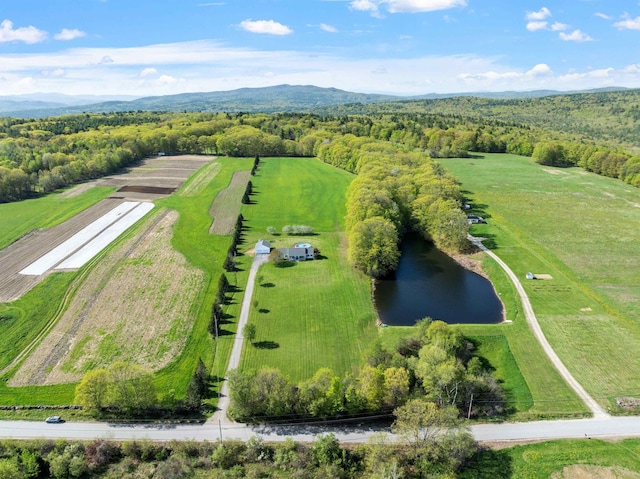 overview of rural landscape with a water and mountain view and a heavily wooded area
