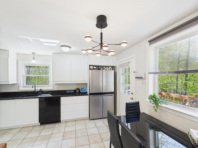 8 Lincoln Dr Unit B, Hooksett, NH 03106 - kitchen featuring freestanding refrigerator, dishwasher, a sink, dark countertops, and white cabinetry