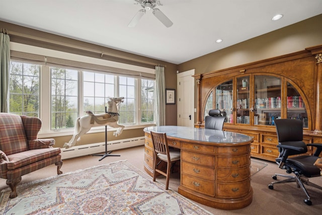 5893 Stage Rd, Barnard, VT 05031 - home office featuring light colored carpet, healthy amount of natural light, a baseboard heating unit, a ceiling fan, and recessed lighting