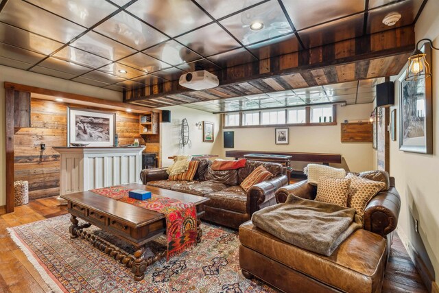 5893 Stage Rd, Barnard, VT 05031 - living room with hardwood / wood-style floors, recessed lighting, and wood walls
