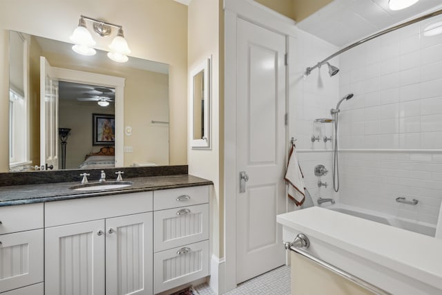 5893 Stage Rd, Barnard, VT 05031 - full bathroom featuring ensuite bathroom, vanity, shower / bathtub combination, a ceiling fan, and tile patterned floors
