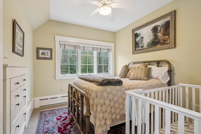 5893 Stage Rd, Barnard, VT 05031 - carpeted bedroom with baseboard heating, lofted ceiling, ceiling fan, and baseboards