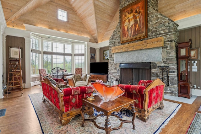 5893 Stage Rd, Barnard, VT 05031 - living area featuring high vaulted ceiling, a baseboard radiator, wood finished floors, wood ceiling, and a fireplace