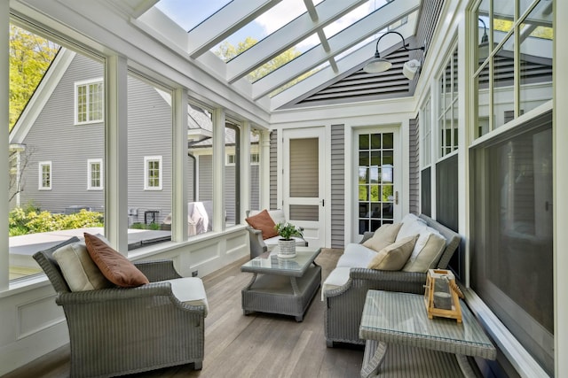 5893 Stage Rd, Barnard, VT 05031 - sunroom / solarium featuring a skylight, outdoor lounge area, and lofted ceiling