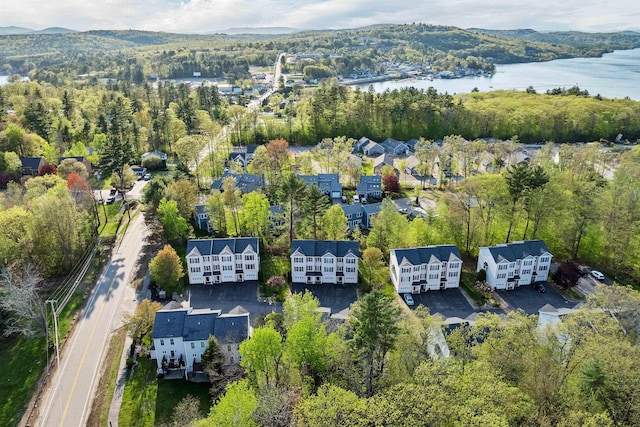view of property location with a water and mountain view and a forest