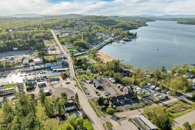 aerial overview of property's location with a water and mountain view and a heavily wooded area