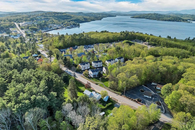 aerial view of property's location with a water and mountain view and a heavily wooded area