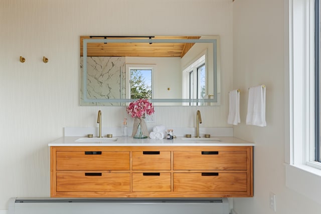 121 Ridge Ln, Westmore, VT 05860 - bathroom with double vanity and baseboard heating