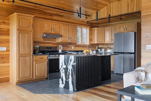 121 Ridge Ln, Westmore, VT 05860 - kitchen featuring stainless steel appliances, under cabinet range hood, track lighting, wood finished floors, and wood walls