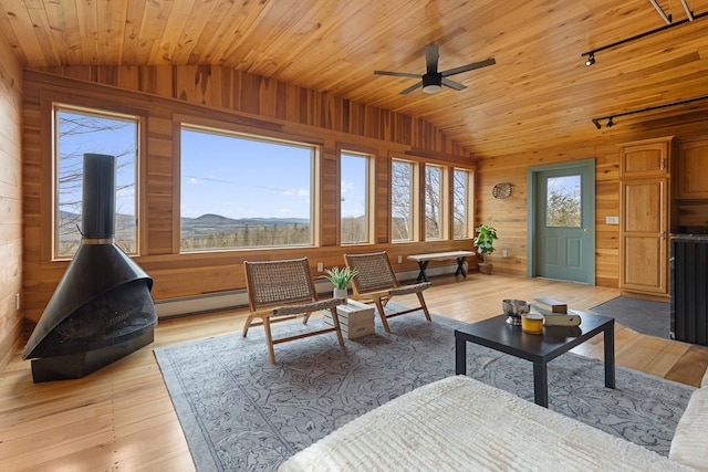 121 Ridge Ln, Westmore, VT 05860 - living area with lofted ceiling, wood walls, rail lighting, a baseboard heating unit, and a ceiling fan