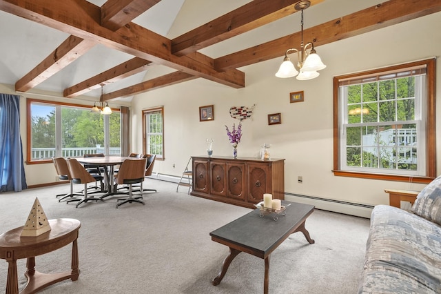 carpeted living room with a baseboard radiator, a chandelier, a baseboard heating unit, and baseboards
