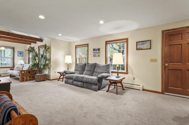 living area with carpet floors, baseboards, plenty of natural light, recessed lighting, and baseboard heating
