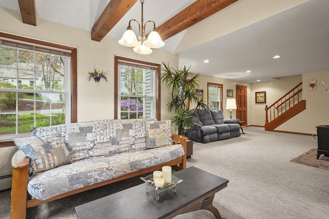 carpeted living area featuring stairs, healthy amount of natural light, beam ceiling, a chandelier, and recessed lighting