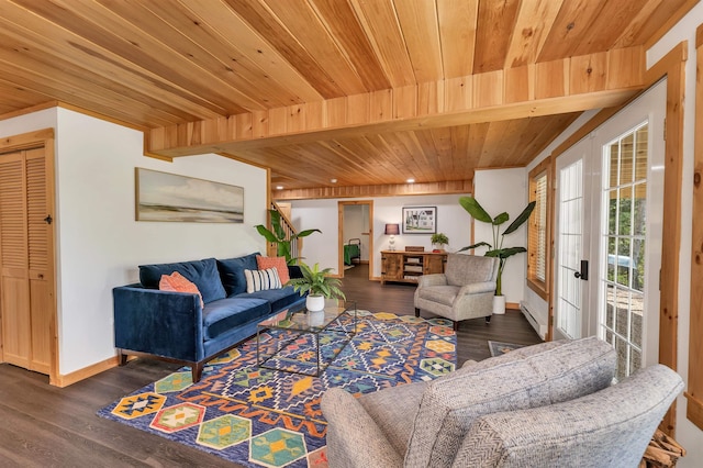 living area featuring wooden ceiling, dark wood finished floors, baseboards, and a baseboard radiator